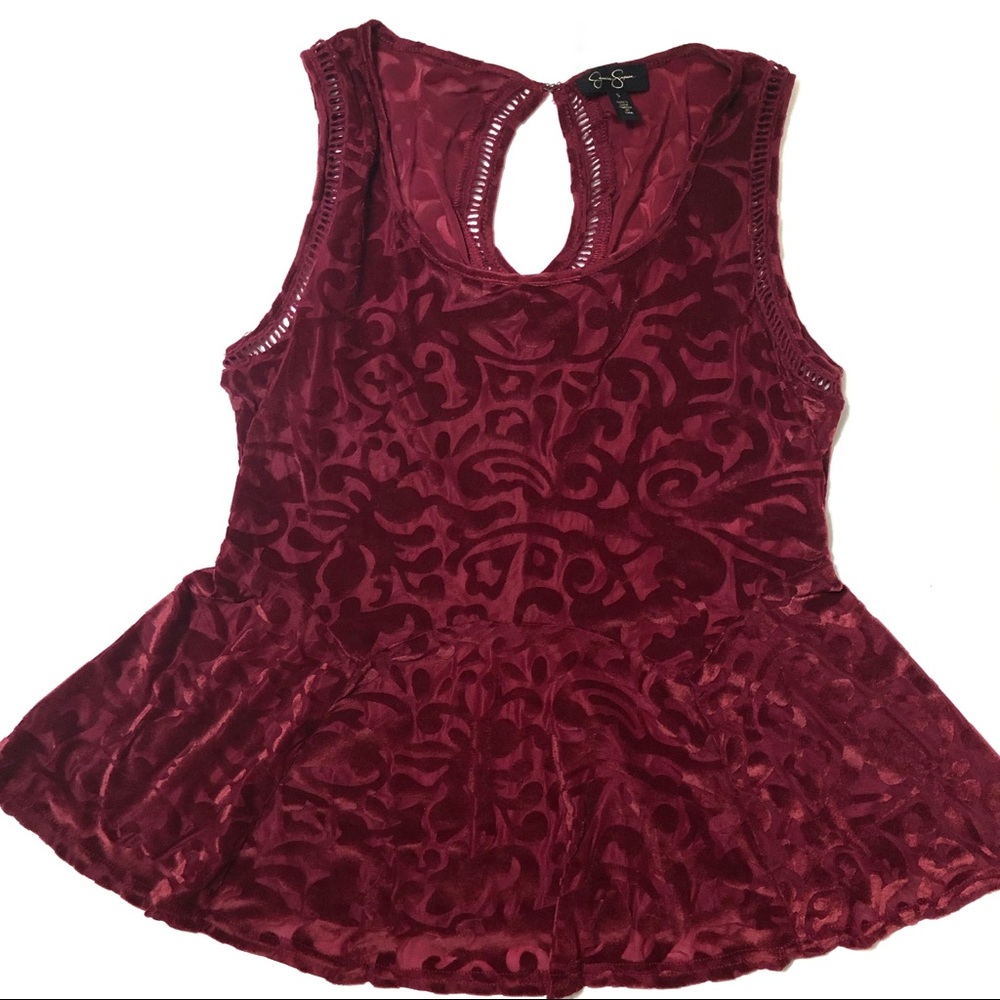 Jessica Simpson Regine Top Peplum Velvet Burnout Burgundy Red Sleeveless Small